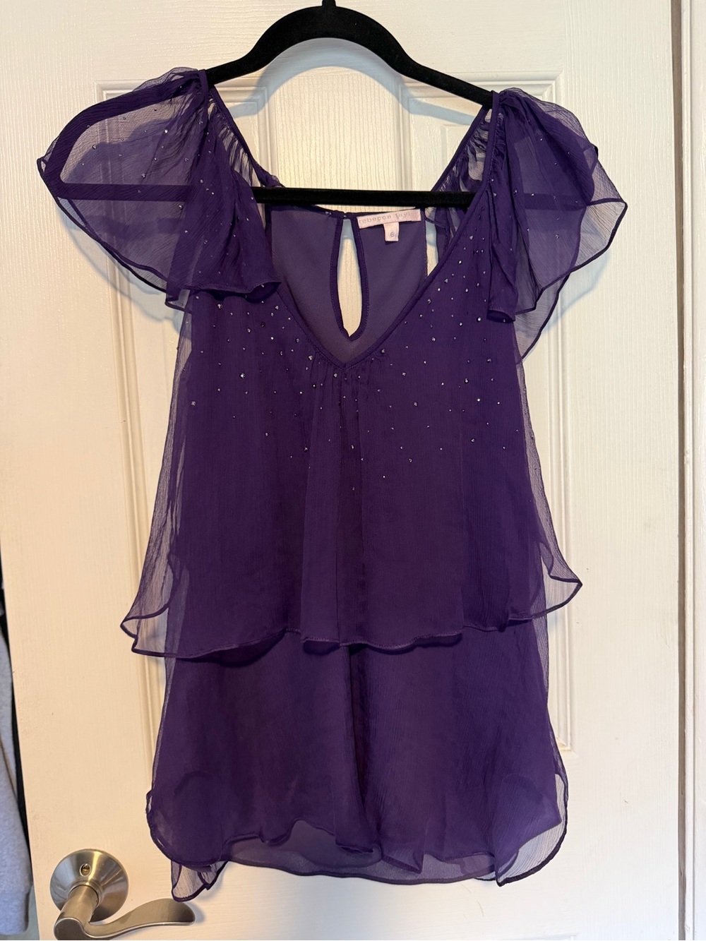 Rebecca Taylor Royal Purple 100% Silk Tiered Blouse, Flutter Sleeve, Size 6